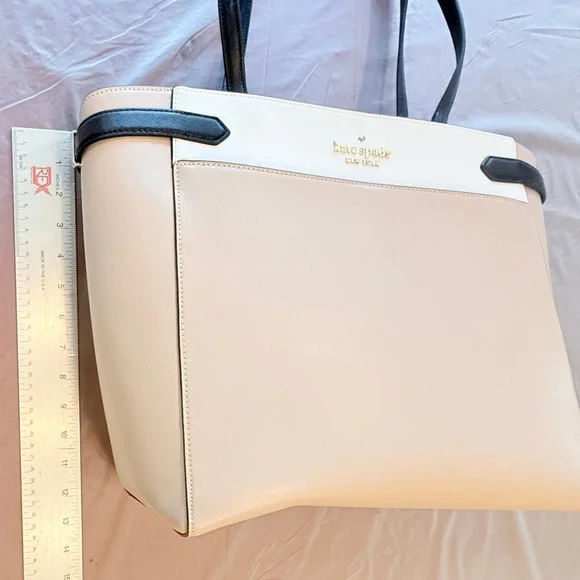 Kate Spade Saffiano Leather Colorblock Staci Laptop Large Tote Warm Beige $450 - Picture 13 of 16